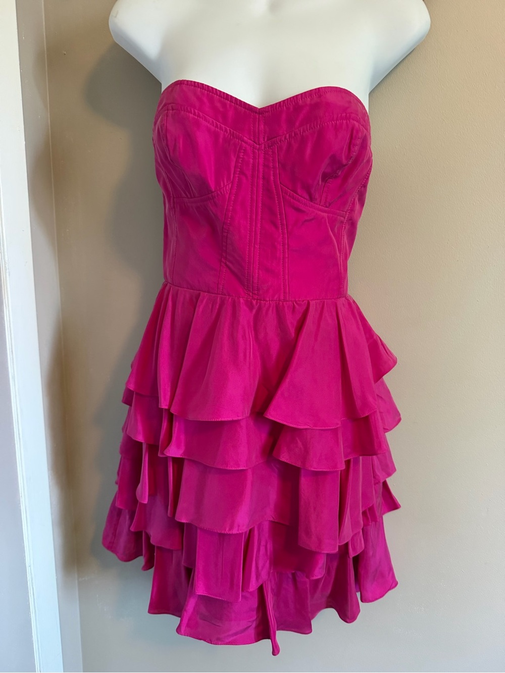 Rebecca Taylor Hot Pink Silk Tiered Strapless Corset Mini Dress 10